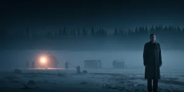 Detective nórdico en paisaje nevado y misterioso de serie de misterio escandinava