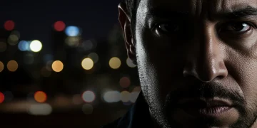 Detective pensativo en una escena nocturna urbana, reflejando el misterio de "Entre Sombras y Luces"