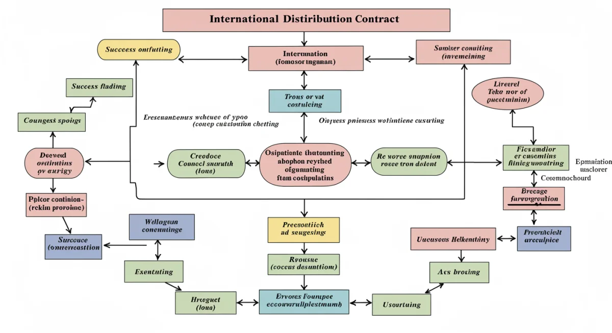 Diagrama de flujo complejo que detalla las etapas y consideraciones legales de un contrato de distribución internacional.