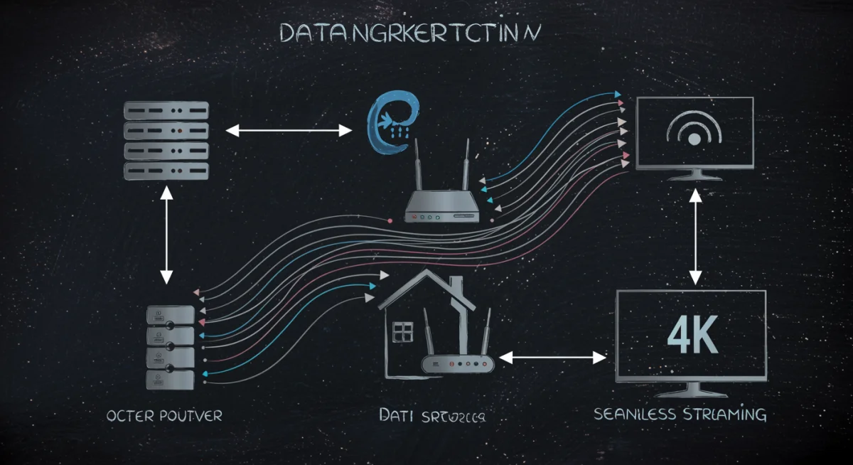 Diagrama de red con flujo de datos hacia televisor 4K.