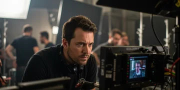 Director de cine revisando tomas en un set de producción, enfocado en maximizar beneficios fiscales.