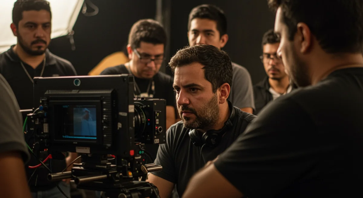 Director de cine mexicano independiente supervisando una escena en el set de filmación.