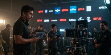 Director de cine mexicano revisando guion en set, con logos de streaming al fondo, simbolizando la nueva normativa de derechos de autor y su impacto en la distribución digital.