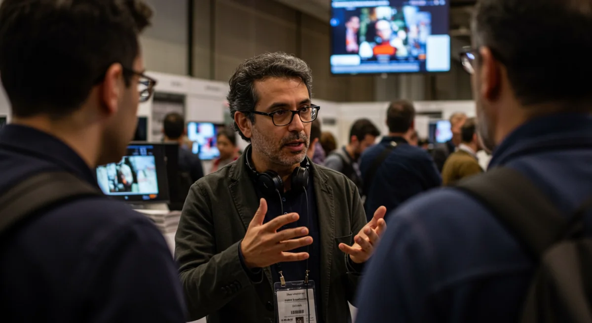 Director mexicano interactuando con distribuidores en un mercado de cine internacional.