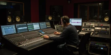 Diseñador de sonido trabajando en un estudio profesional con equipo de mezcla y monitores.