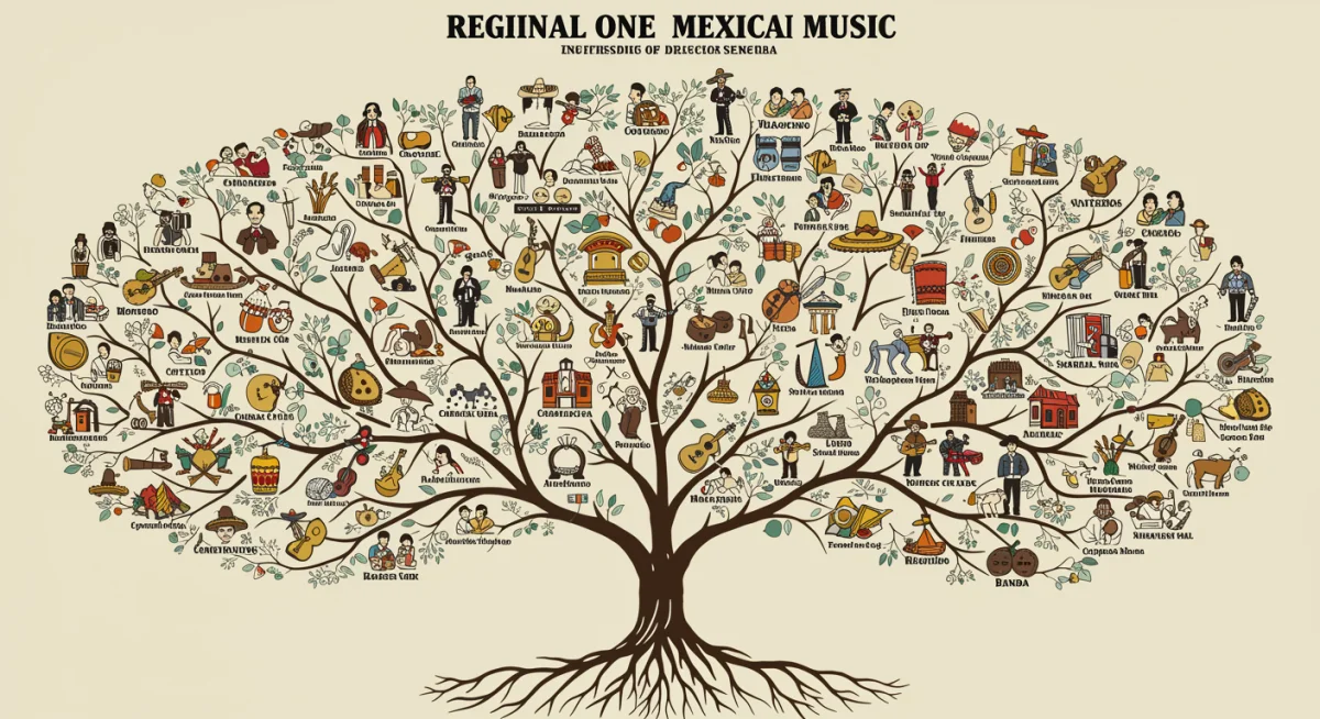Gráfico de árbol genealógico musical mostrando la diversidad de géneros de la música regional mexicana y su expansión a Estados Unidos.