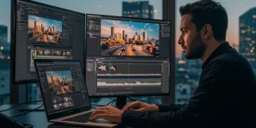 Editor de video profesional trabajando en software de edición con fondo de ciudad mexicana.