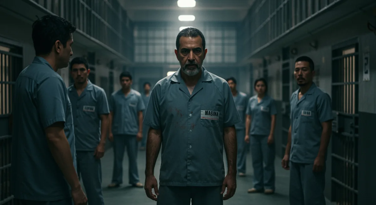 Escena dramática y cruda de la serie 'El Marginal' en una prisión, con personajes en un momento de alta tensión.