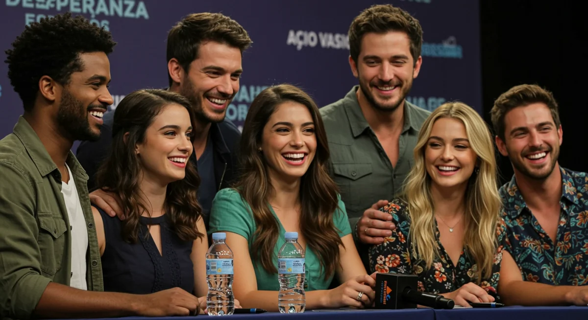 Elenco principal de 'Mares de Esperanza' compartiendo sonrisas en un evento de lanzamiento, reflejando la camaradería.