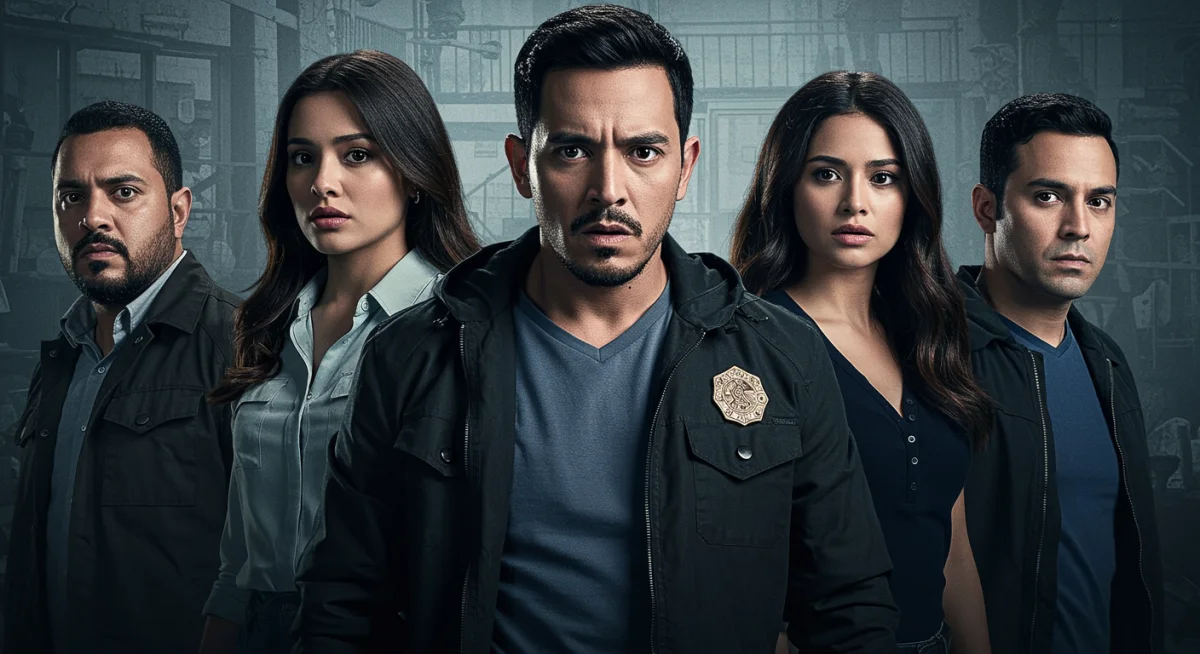 Elenco de serie mexicana de suspenso en escena dramática, mostrando intensidad actoral.