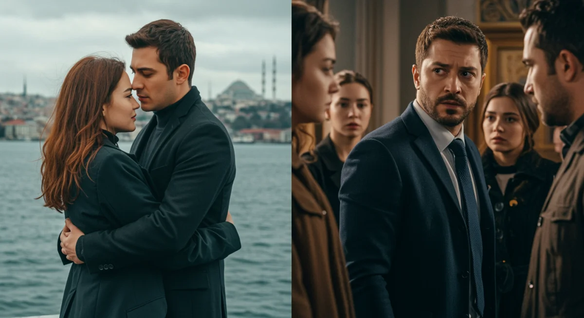 Imágenes contrastantes de series turcas, mostrando tanto escenas románticas como momentos de intenso drama, reflejando la diversidad emocional de estas producciones.