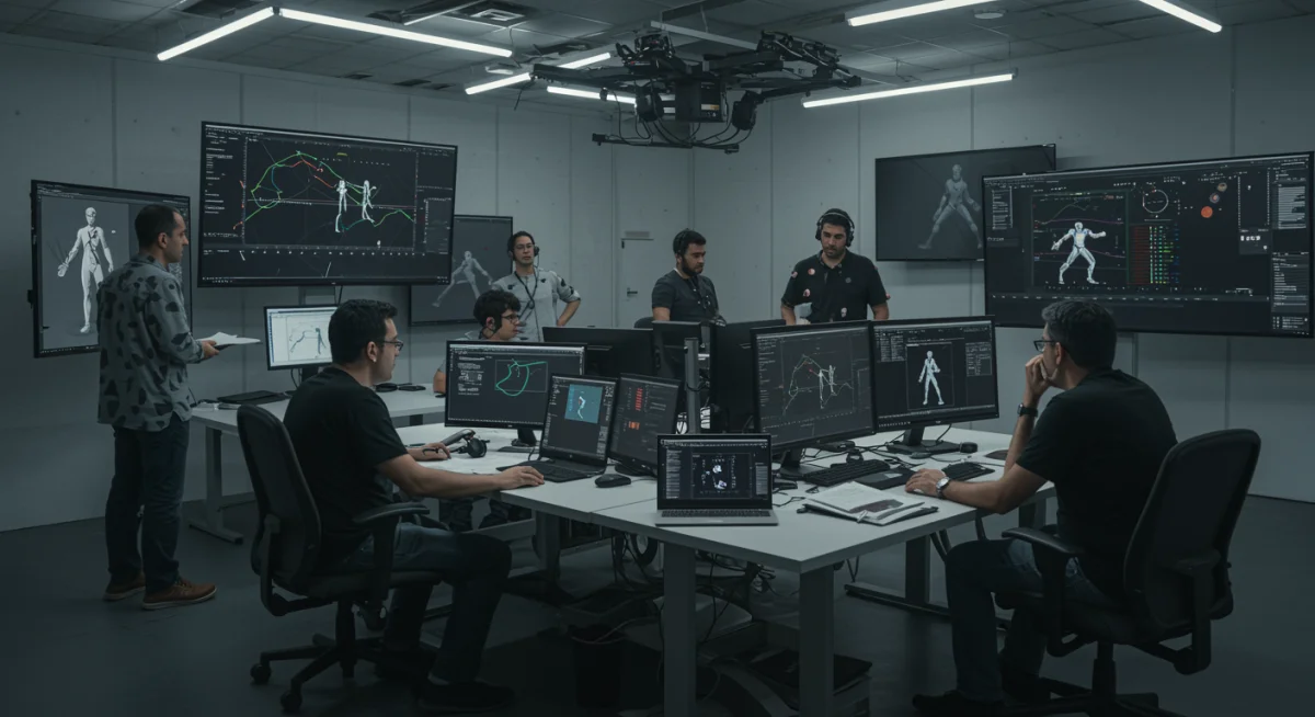 Equipo de animación discutiendo proyecto con datos de captura de movimiento en pantalla