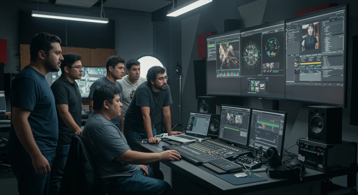 Equipo de profesionales de cine mexicano revisando ediciones asistidas por IA en un estudio de postproducción.