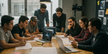 Equipo de cineastas colaborando en la planificación de un proyecto audiovisual en México.