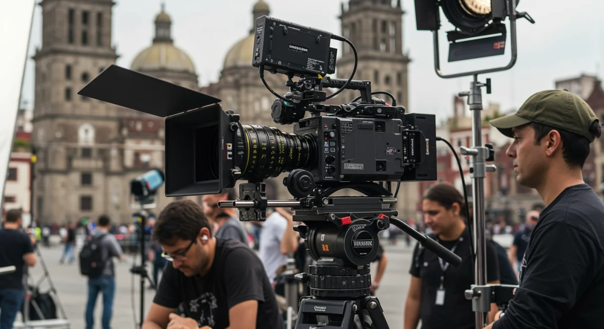 Equipo de filmación preparando cámaras en locación de Ciudad de México