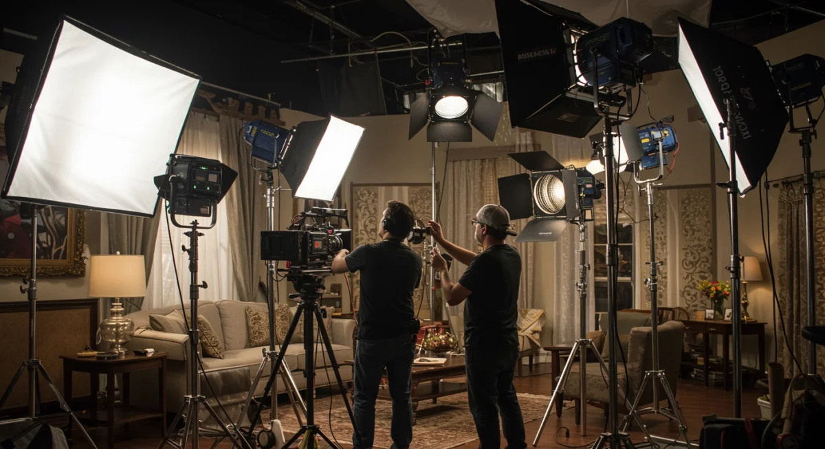 Equipo de iluminación ajustando luces en el set de una telenovela mexicana