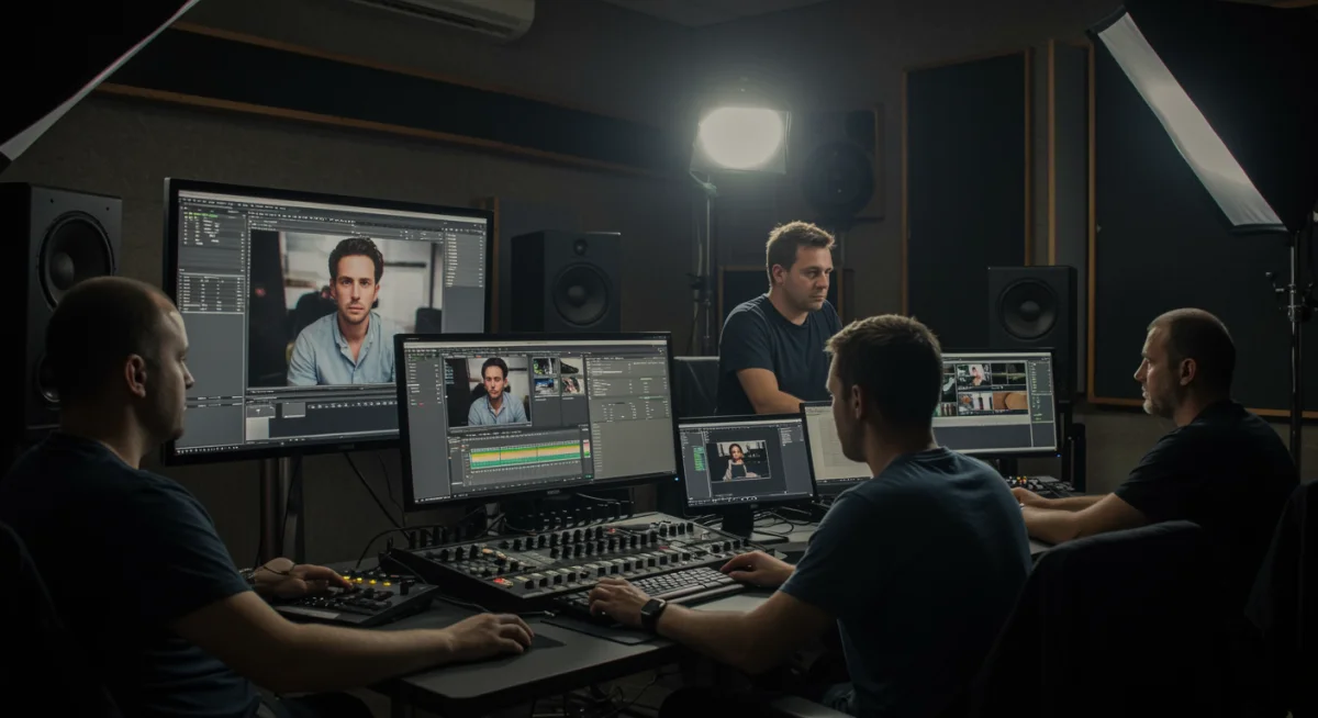Equipo de postproducción audiovisual colaborando en un estudio moderno, editando video, audio y gráficos en múltiples monitores, enfocados en la fase final de un proyecto.