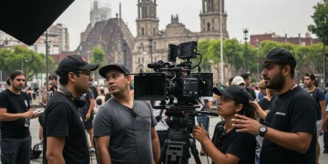 Equipo de producción audiovisual mexicano filmando en una locación urbana vibrante de la Ciudad de México, con cámaras, luces y un director supervisando la escena.