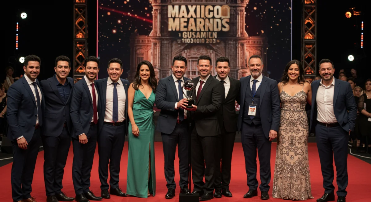 Equipo de producción de serie mexicana celebrando en alfombra roja con un premio internacional, símbolo de éxito global.