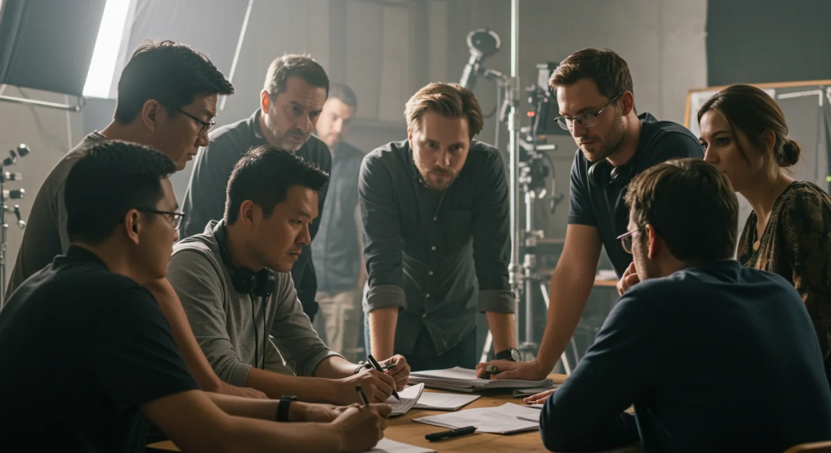 Equipo de producción internacional colaborando en un set de filmación en México.