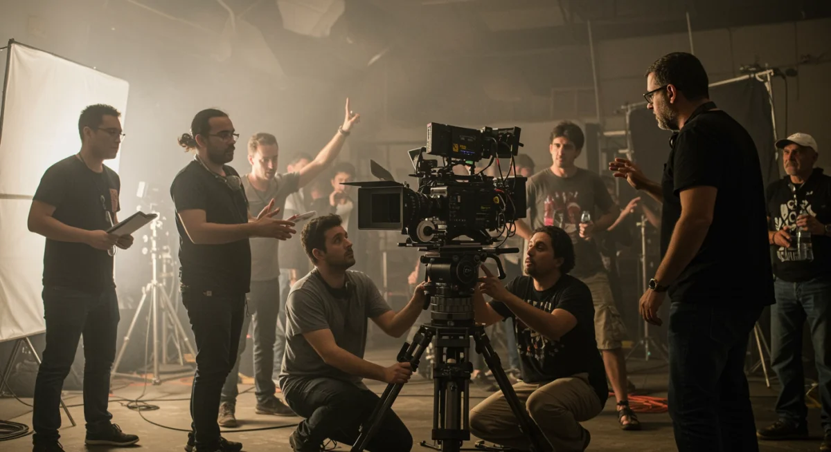 Equipo de producción internacional en un set de filmación, trabajando en una coproducción audiovisual.