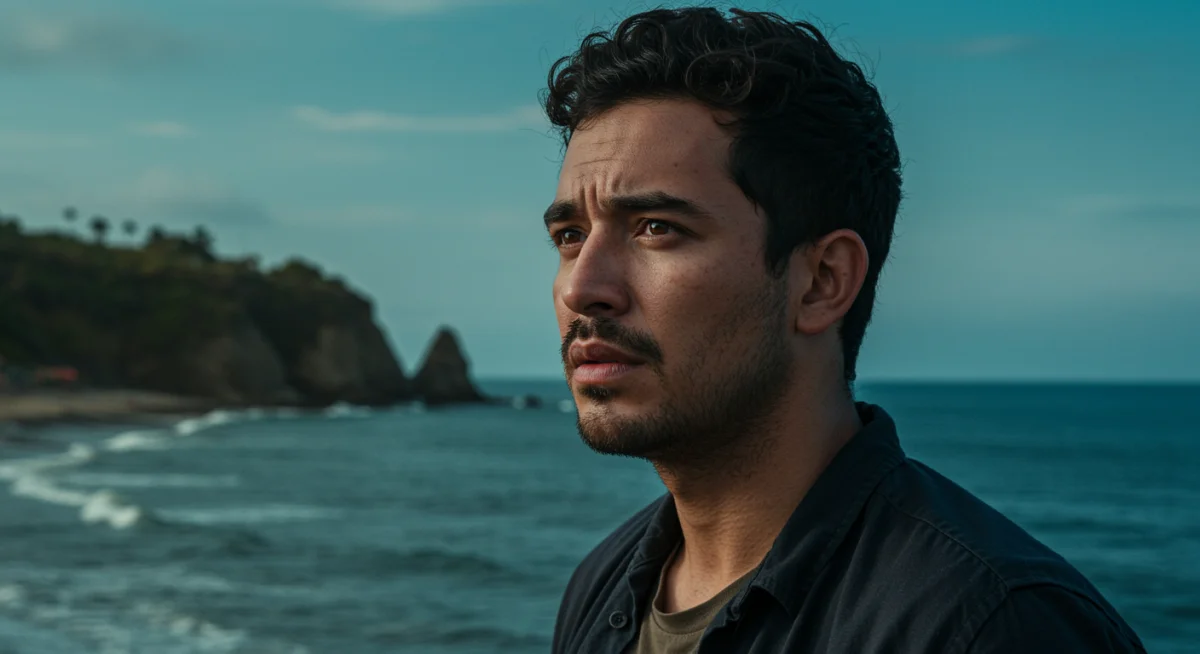 Protagonista de 'Mares de Esperanza' contemplando el mar con una expresión profunda, capturando la esencia dramática.