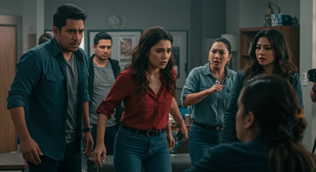 Escena dramática de una serie mexicana moderna, con actores diversos y alta calidad de producción, reflejando profundidad emocional.