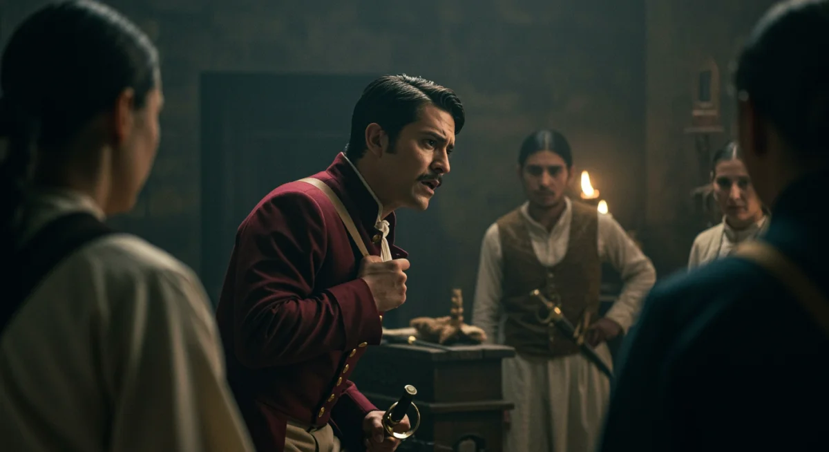 Escena dramática de una serie biográfica mexicana con personaje histórico y vestuario de época.