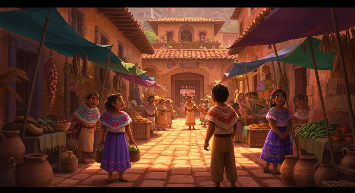 Escena vibrante de 'Eco Eterno' en un mercado tradicional mexicano, mostrando la riqueza cultural.