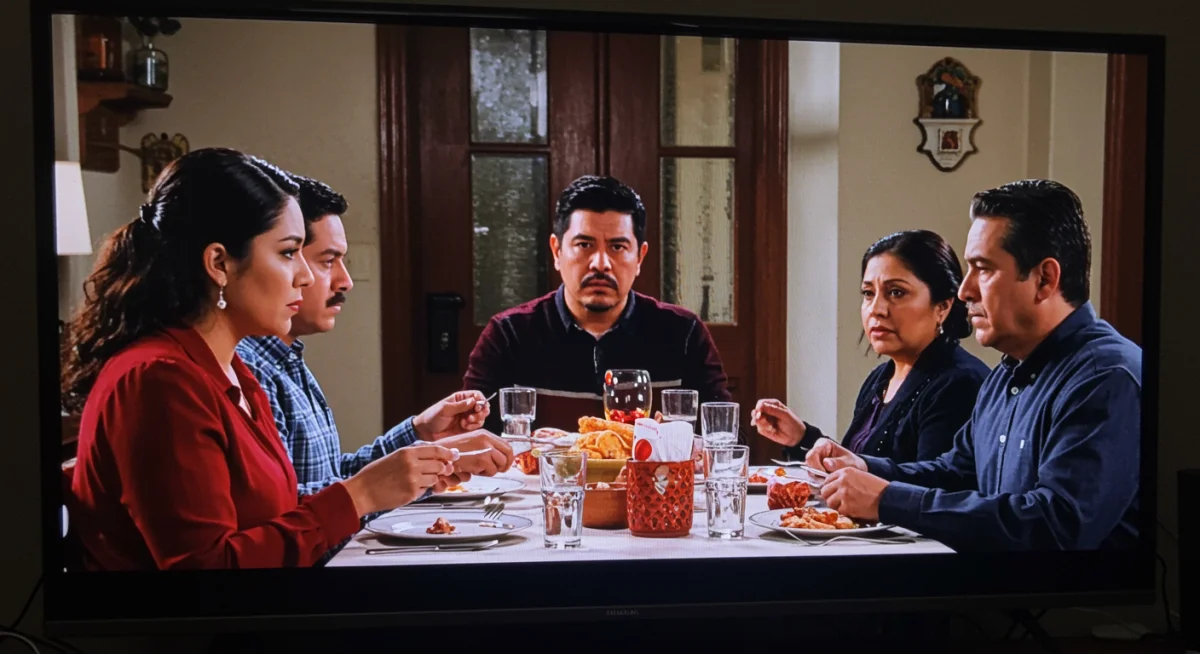 Escena dramática de una serie mexicana sobre conflictos familiares y sociales.