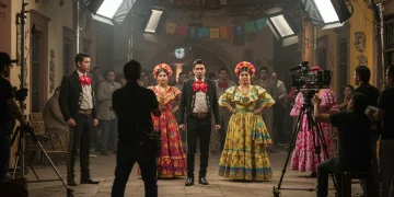 Escena de alta calidad de una serie mexicana con equipo de producción y actores
