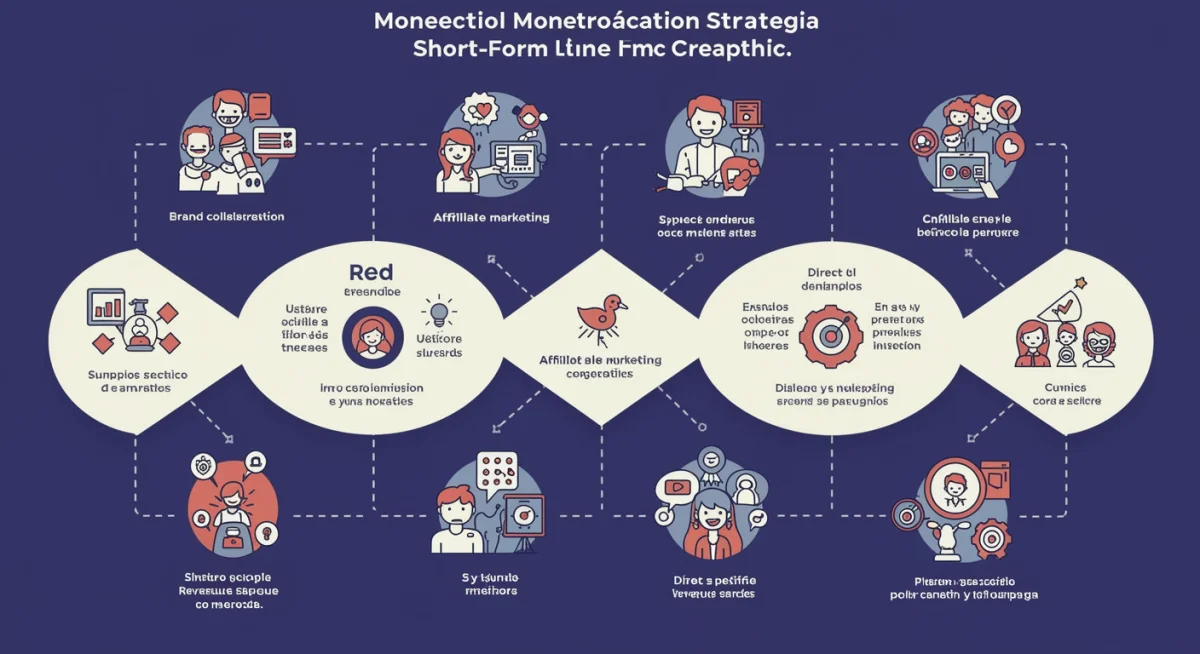 Infografía detallada de estrategias de monetización para creadores de formato corto, incluyendo colaboraciones con marcas, marketing de afiliados y apoyo de fans en México.