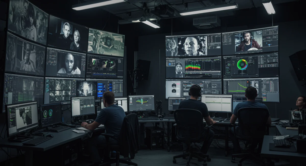 Estudio de posproducción con equipo editando efectos visuales y sonido
