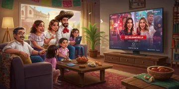 Familia mexicana de diversas edades viendo una telenovela en una plataforma de streaming en una sala moderna con toques tradicionales.