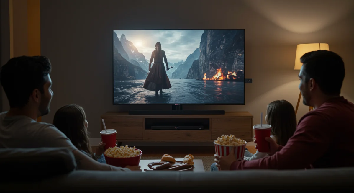 Familia disfrutando de una película en la televisión, transmitida con Chromecast desde un celular.