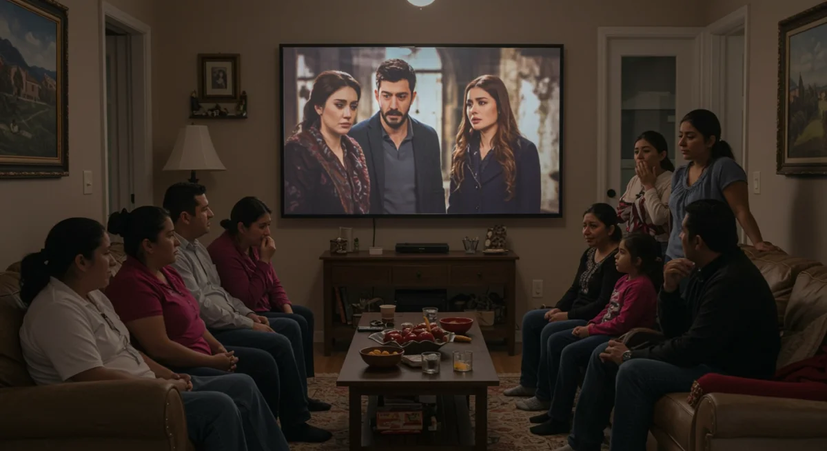 Familias mexicanas viendo una serie turca con gran emoción y concentración.
