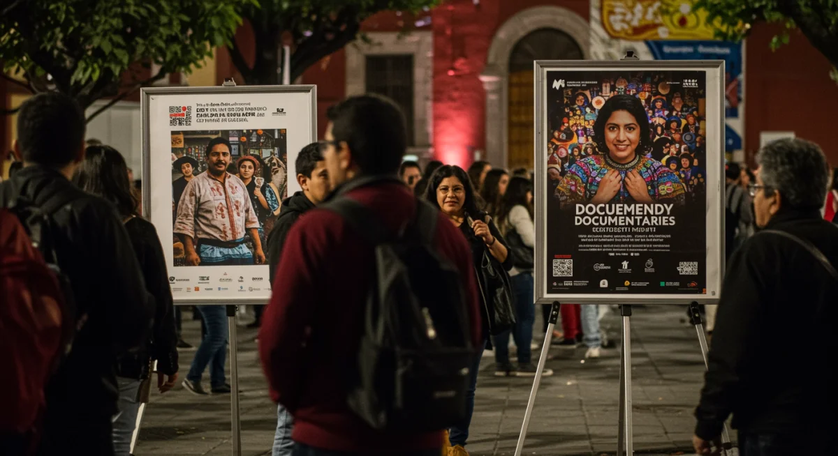 Asistentes a un festival de cine en México explorando la cartelera de documentales internacionales.