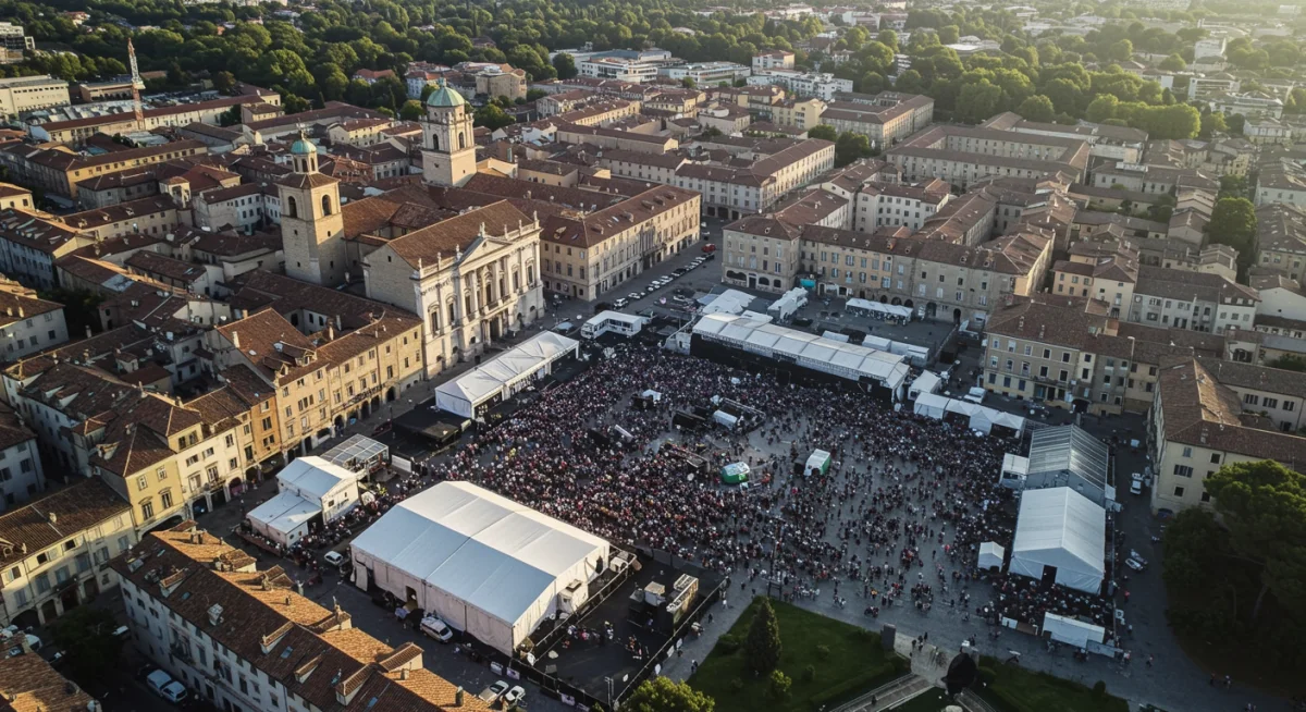Vista aérea de una ciudad europea durante un prestigioso festival de cine.