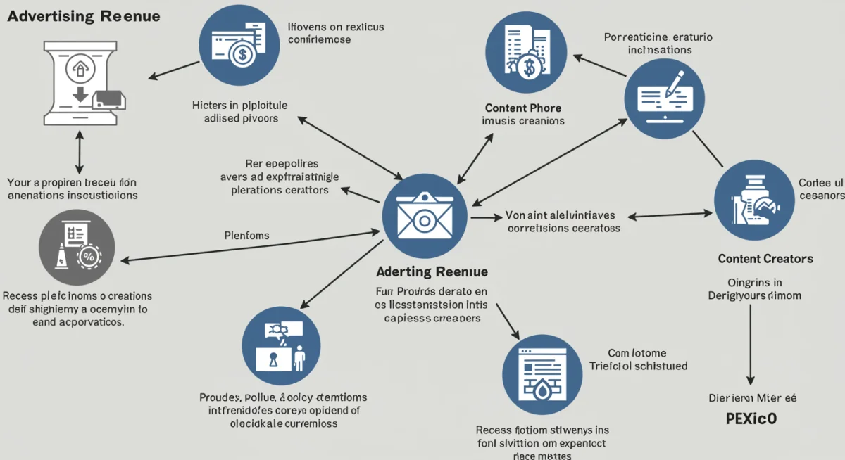 Diagrama de flujo de ingresos publicitarios y el impacto de cambios de políticas.