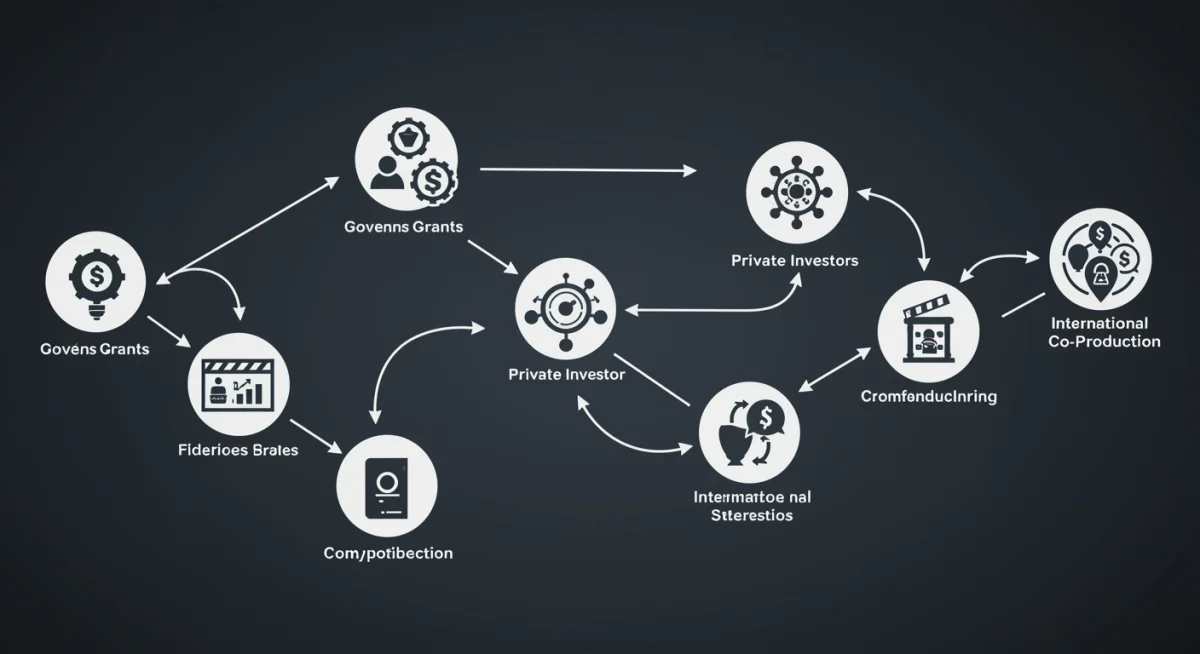 Diagrama de flujo de fuentes de financiamiento para proyectos audiovisuales en México.