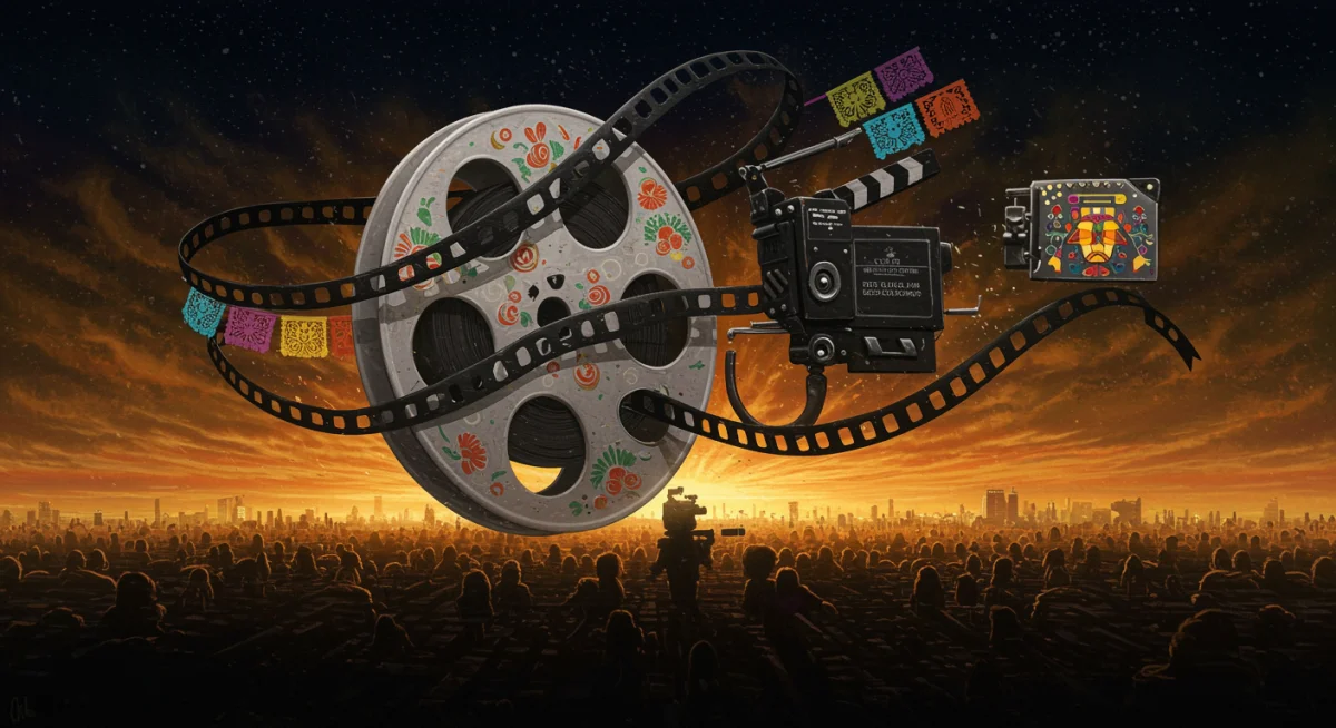 Rollo de película con motivos culturales mexicanos, representando el futuro del cine nacional.