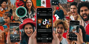 Jóvenes mexicanos viendo videos de formato corto en sus celulares, con logos de plataformas populares y un fondo urbano vibrante que representa el futuro digital.