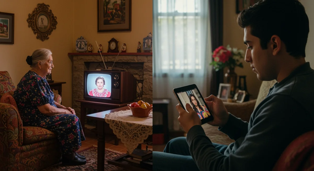 Contraste generacional: abuela viendo telenovela en TV antigua y joven en dispositivo móvil.