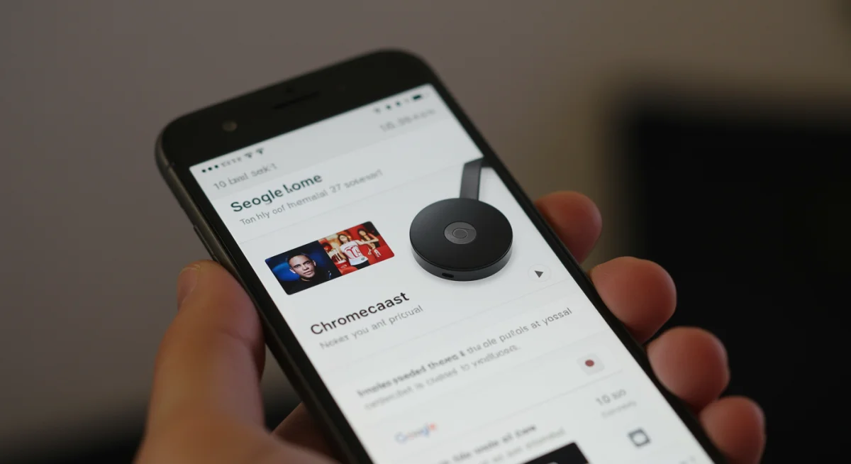 Pantalla de celular mostrando la aplicación Google Home para configurar Chromecast.