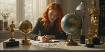 Guionista mexicano trabajando en un guion, con un mapa del mundo y premios internacionales de fondo, simbolizando el éxito en la venta de guiones a productoras internacionales.