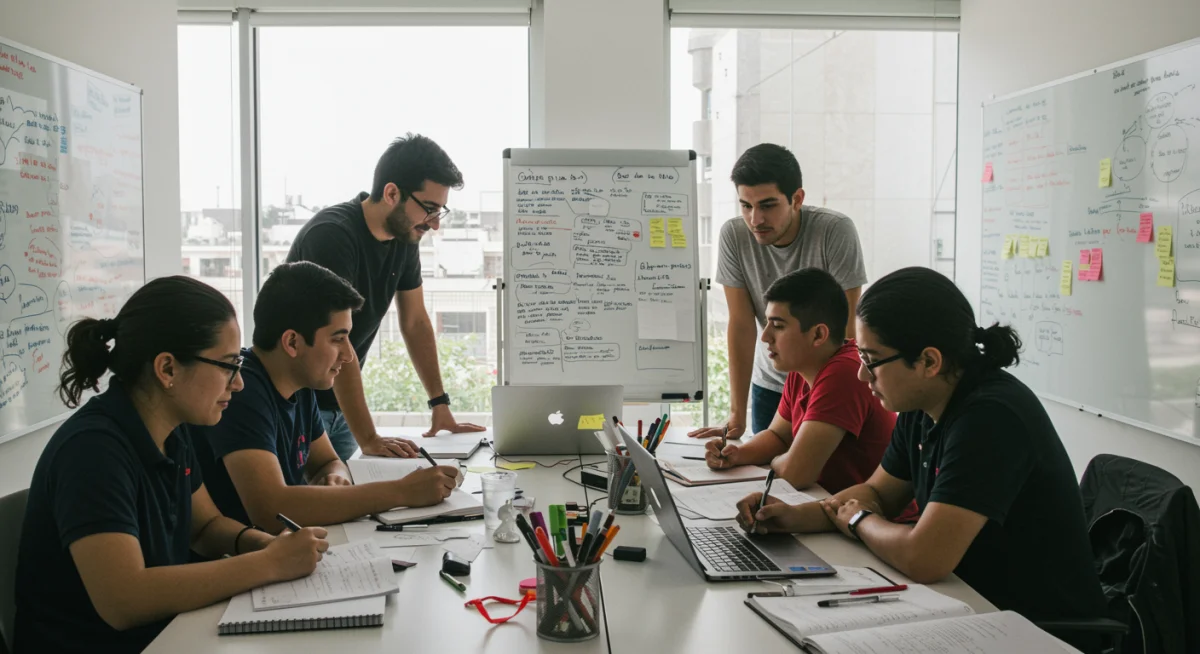 Guionistas mexicanos colaborando en una oficina moderna, simbolizando la efervescencia creativa en la industria.
