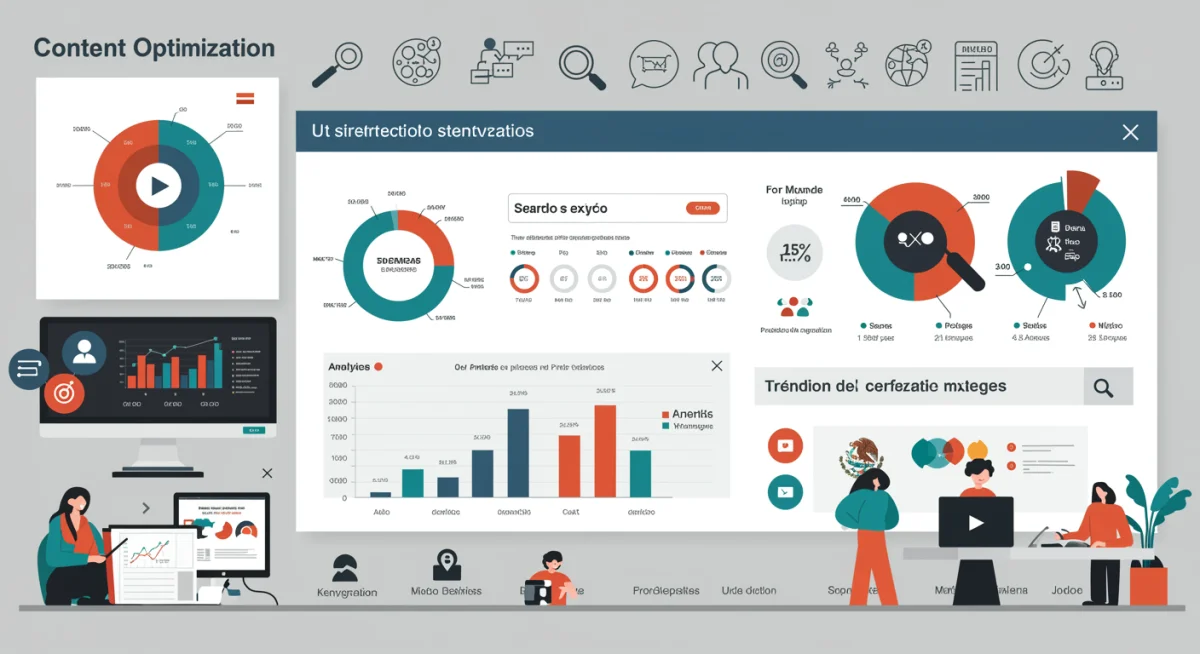 Panel de control de SEO con gráficos y palabras clave para el mercado mexicano, mostrando optimización de contenido.
