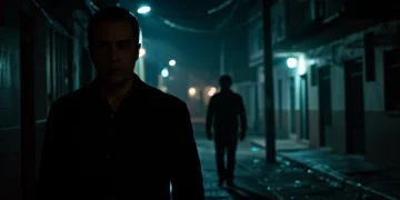 Hombre misterioso en calle oscura, simbolizando el suspenso de las series mexicanas.