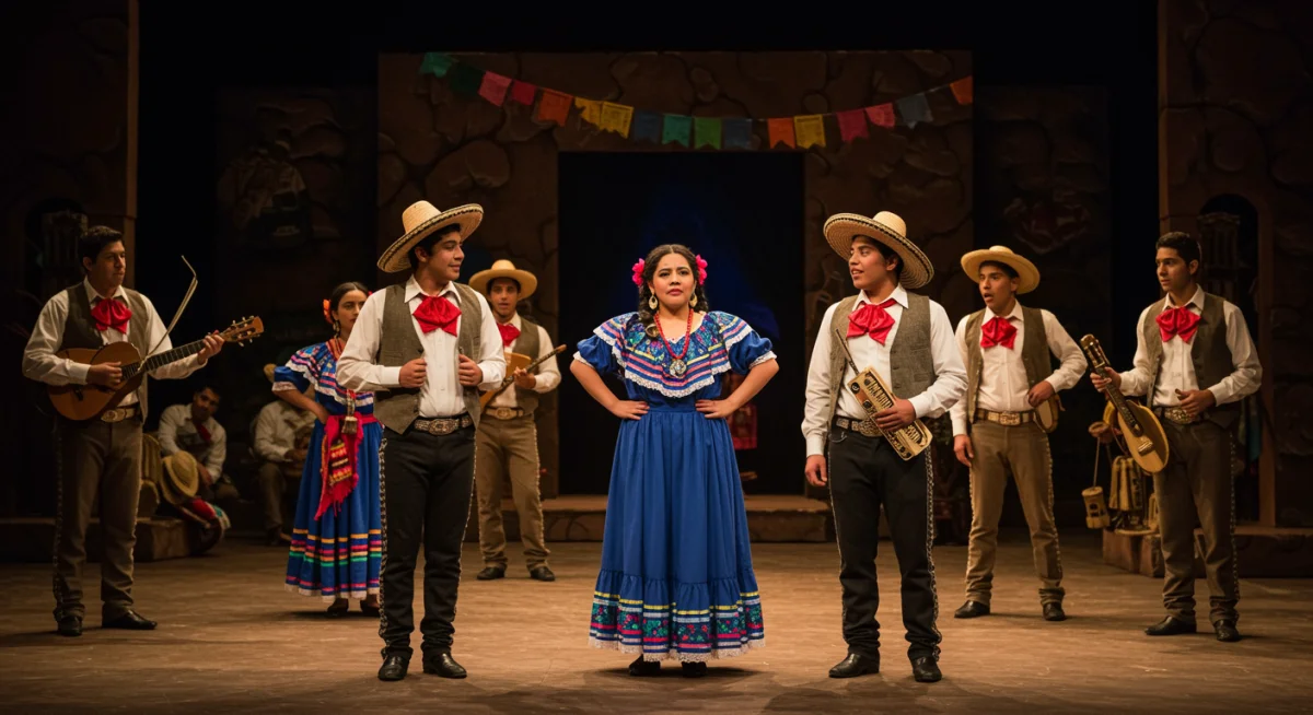 Escena de 'Horizontes Lejanos' mostrando una celebración tradicional mexicana.