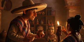 Cartel promocional de 'Horizontes Lejanos' con elementos culturales mexicanos destacados.